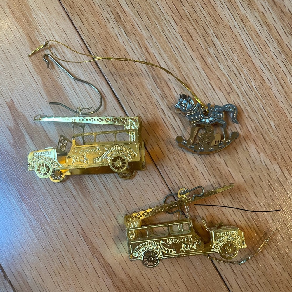Lot of 3 Vintage 1970s Brass Firetruck Rocking Horse mini Ornament Cut-A-Way
